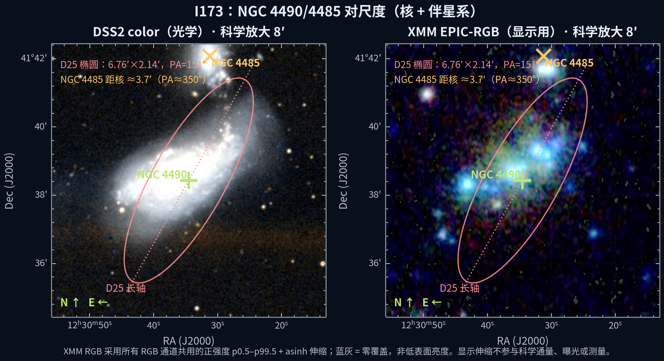 NGC 4490/4485 核区域的 DSS2 光学和 XMM EPIC-RGB 科学放大图；明确提示区域、掩模和 response 域未冻结。